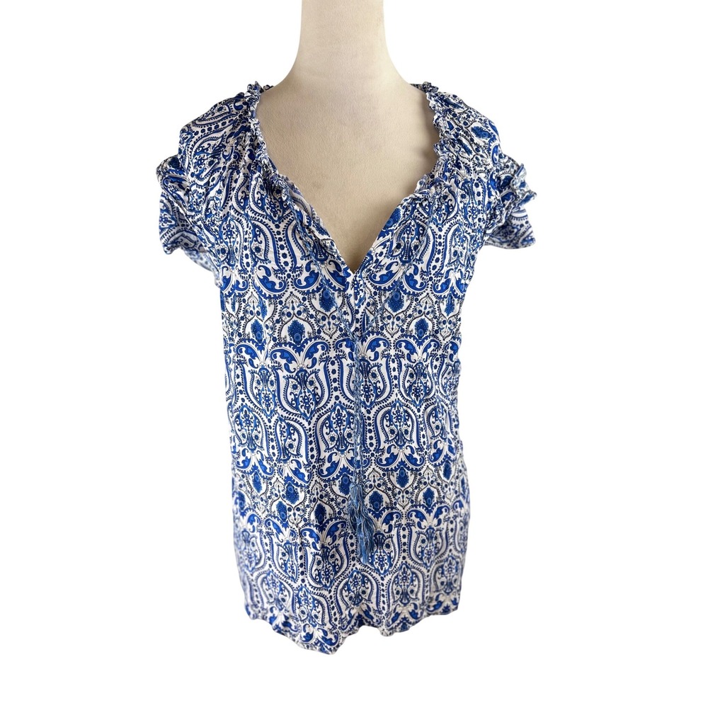 Rose + Olive Blue Paisley Tassel Tie Blouse Womens 2X Short Sleeve Rayon Top